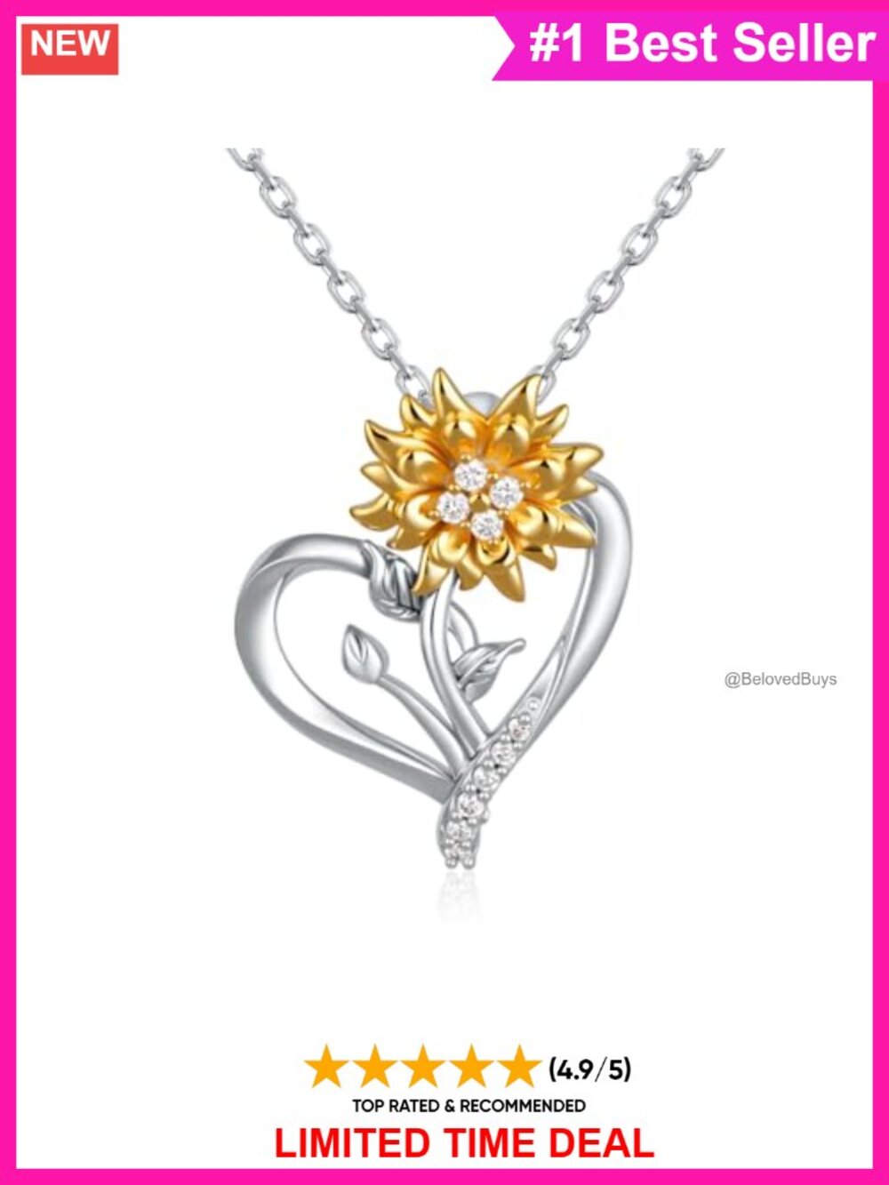 925 Sterling Silver Sunflower Heart Pendant Necklace Lab-Grown Diamond